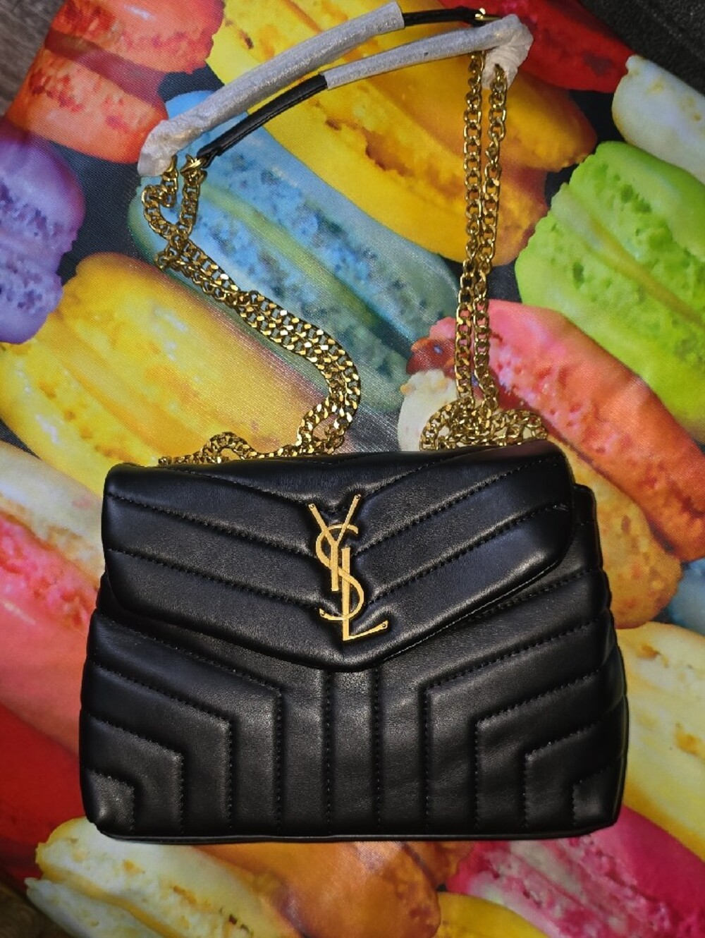Black Quilted Medium Leather Shoulder Bag with Gold YLS Hardware
